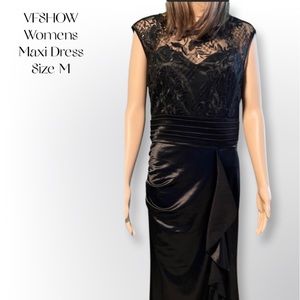 VFSHOW Womens Evening, Maxi Dress. Size Medium, Black Embroidery + Satin; New